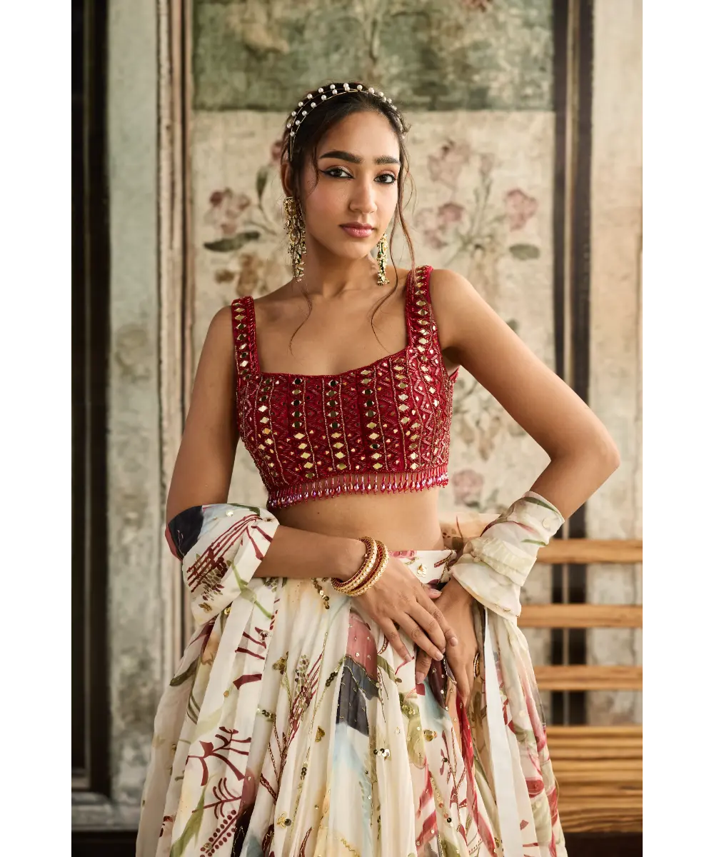 DIYARAJVVIR - IVORY FLORAL PRINT AND HIGHLIGHTED LEHENGA SET